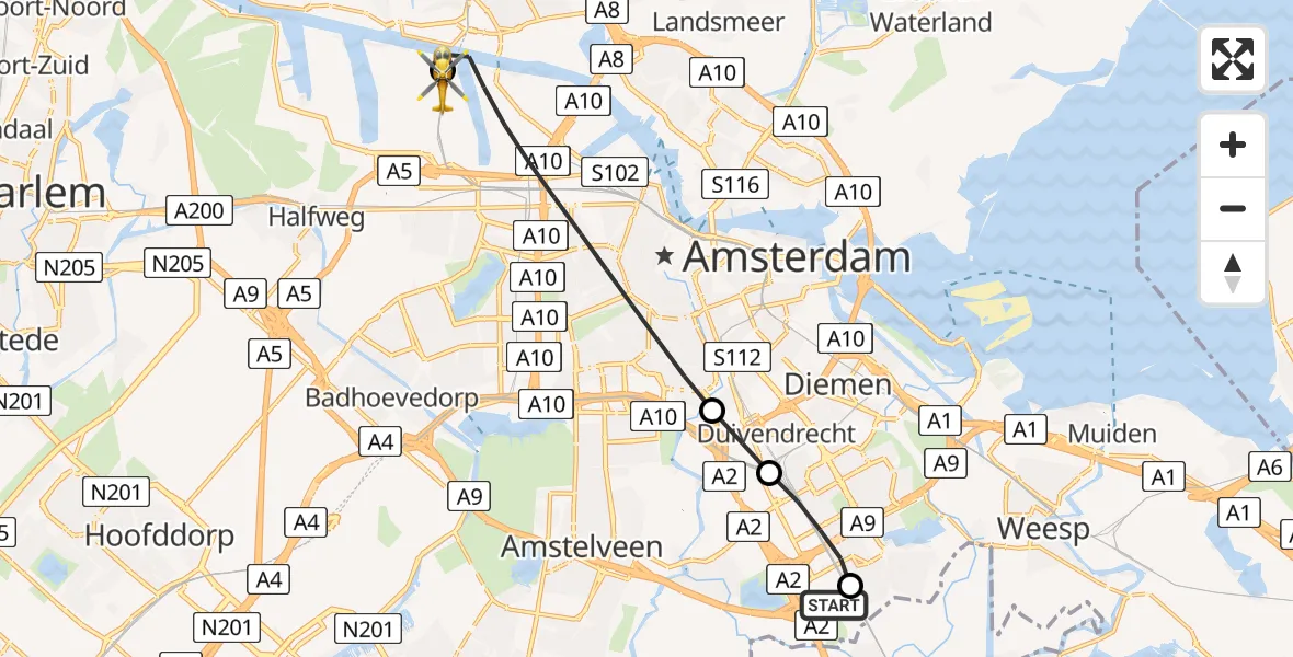 Vluchtroute Traumahelikopter van Amsterdam UMC Helipad naar Amsterdam Heliport