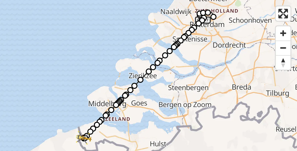 Vluchtroute Traumahelikopter van Rotterdam The Hague Airport naar Aardenburg