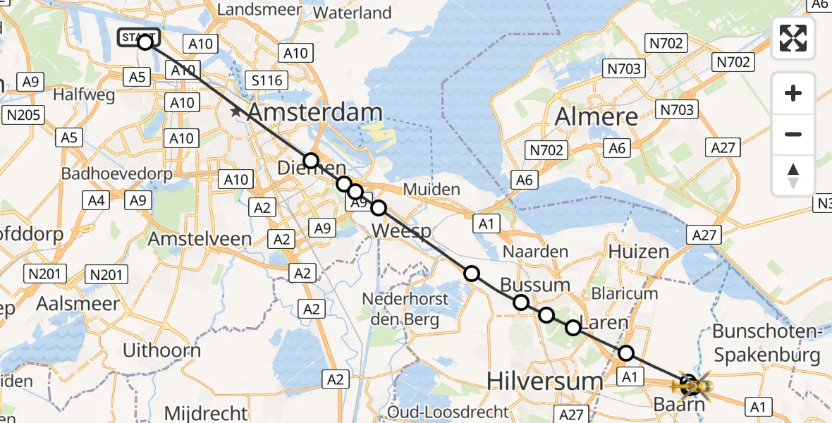 Vluchtroute Traumahelikopter van Amsterdam Heliport naar Eemnes