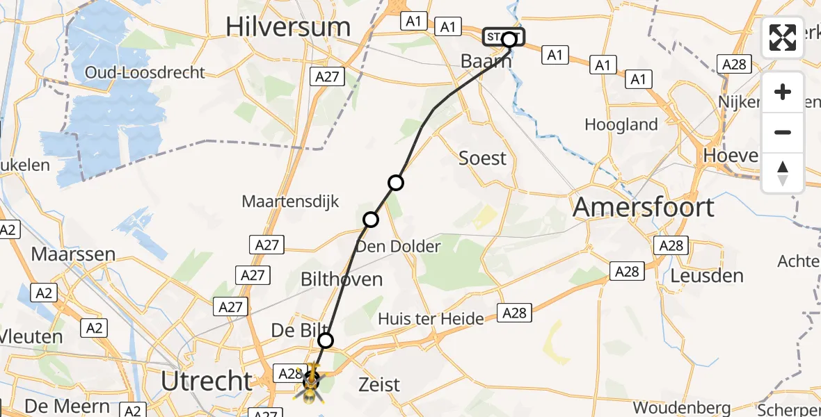 Vluchtroute Traumahelikopter van Eemnes naar University Medical Center Utrecht Heliport