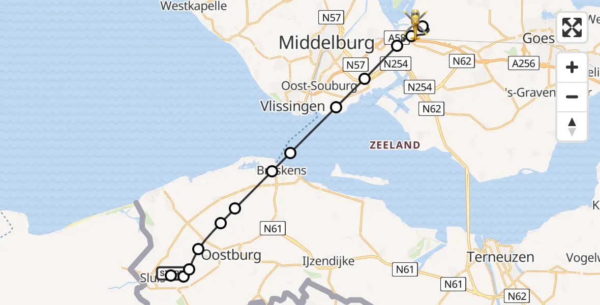 Vluchtroute Traumahelikopter van Aardenburg naar Vliegveld Midden-Zeeland