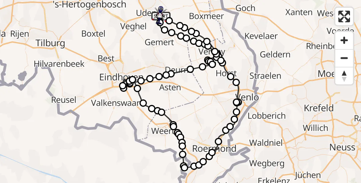 Vluchtroute Politiehelikopter van Vliegbasis Volkel naar Vliegbasis Volkel