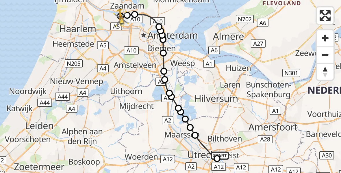 Vluchtroute Traumahelikopter van University Medical Center Utrecht Heliport naar Amsterdam Heliport