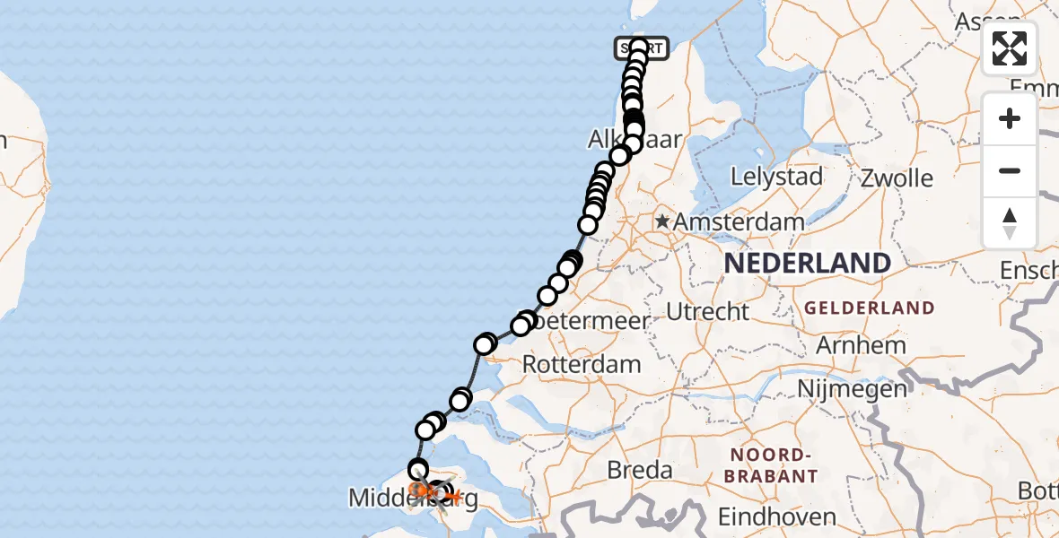 Vluchtroute Kustwachthelikopter van Militair vliegveld De Kooy / Den Helder Airport naar Vliegveld Midden-Zeeland
