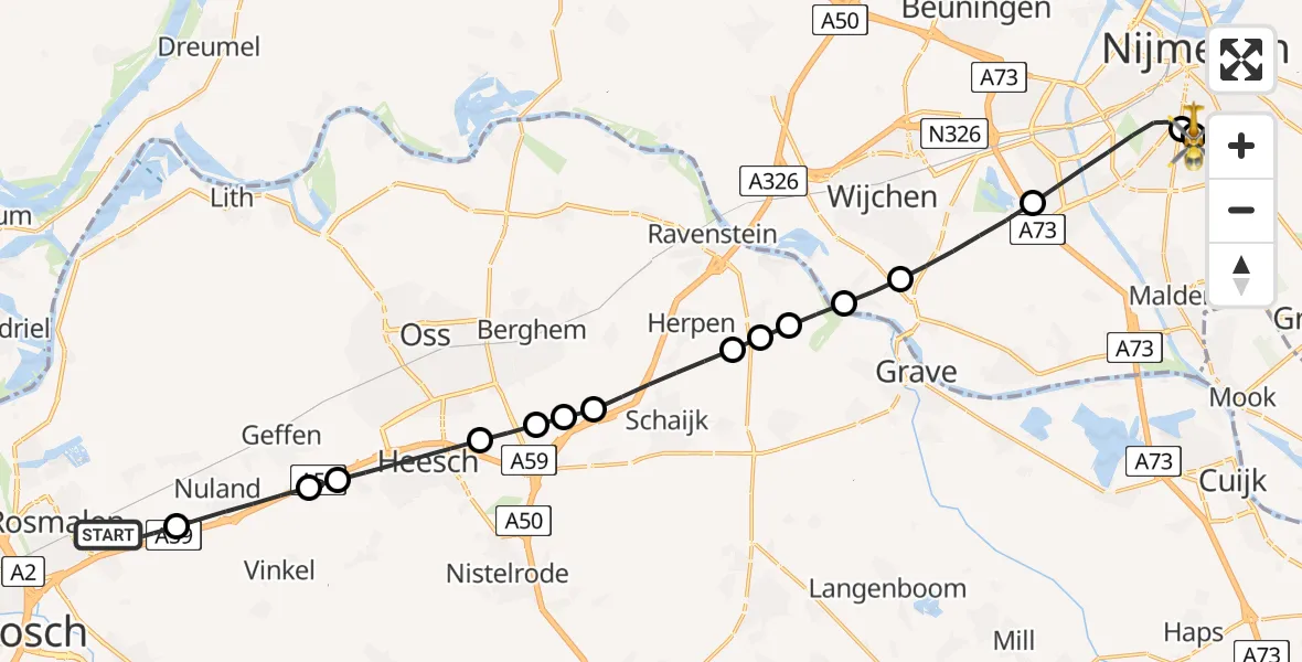 Vluchtroute Traumahelikopter van Rosmalen naar Radboud University Medical Center Heliport
