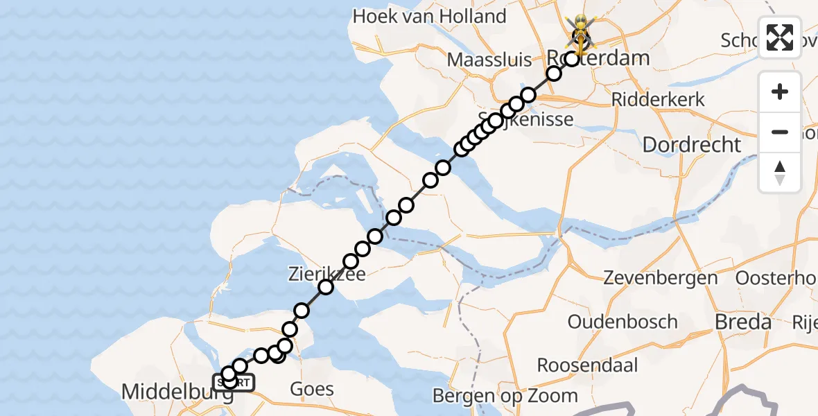 Vluchtroute Traumahelikopter van Vliegveld Midden-Zeeland naar Rotterdam The Hague Airport