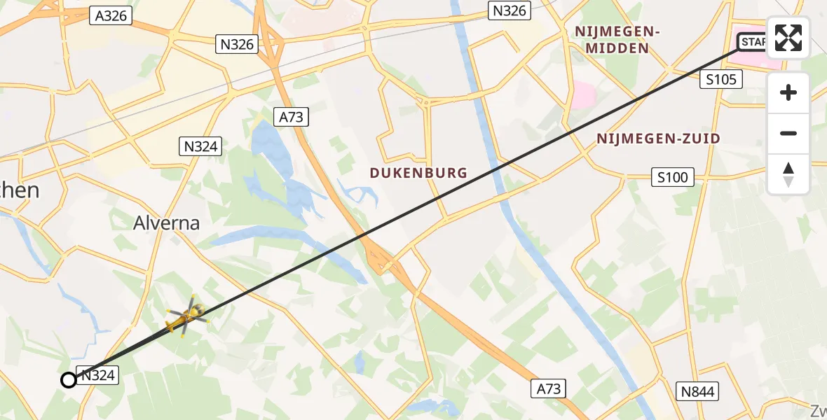 Vluchtroute Traumahelikopter van Radboud Universitair Medisch Centrum naar Wijchen