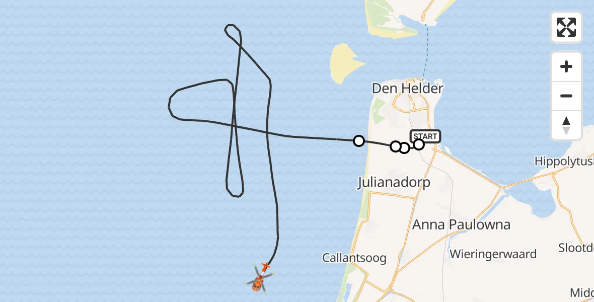 Vluchtroute Kustwachthelikopter van Militair vliegveld De Kooy / Den Helder Airport naar Noordzee