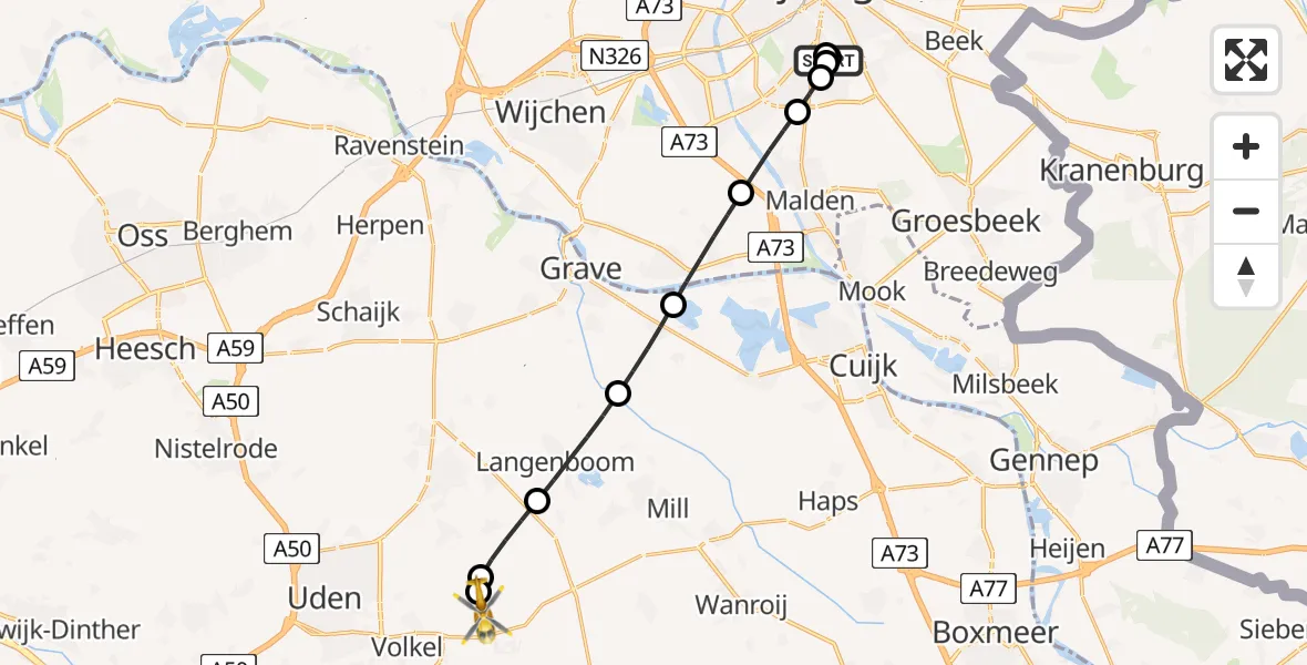 Vluchtroute Traumahelikopter van Radboud Universitair Medisch Centrum naar Vliegbasis Volkel