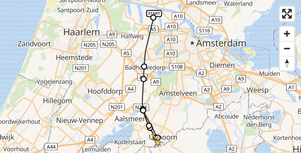 Vluchtroute Traumahelikopter van Amsterdam Heliport naar Uithoorn