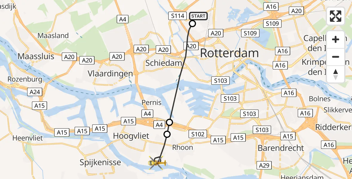 Vluchtroute Traumahelikopter van Rotterdam The Hague Airport naar Poortugaal