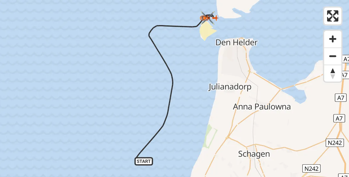 Vluchtroute Kustwachthelikopter van Noordzee naar Noordzee
