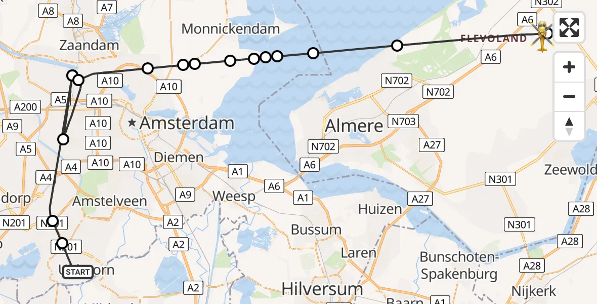 Vluchtroute Traumahelikopter van De Kwakel naar Lelystad Airport