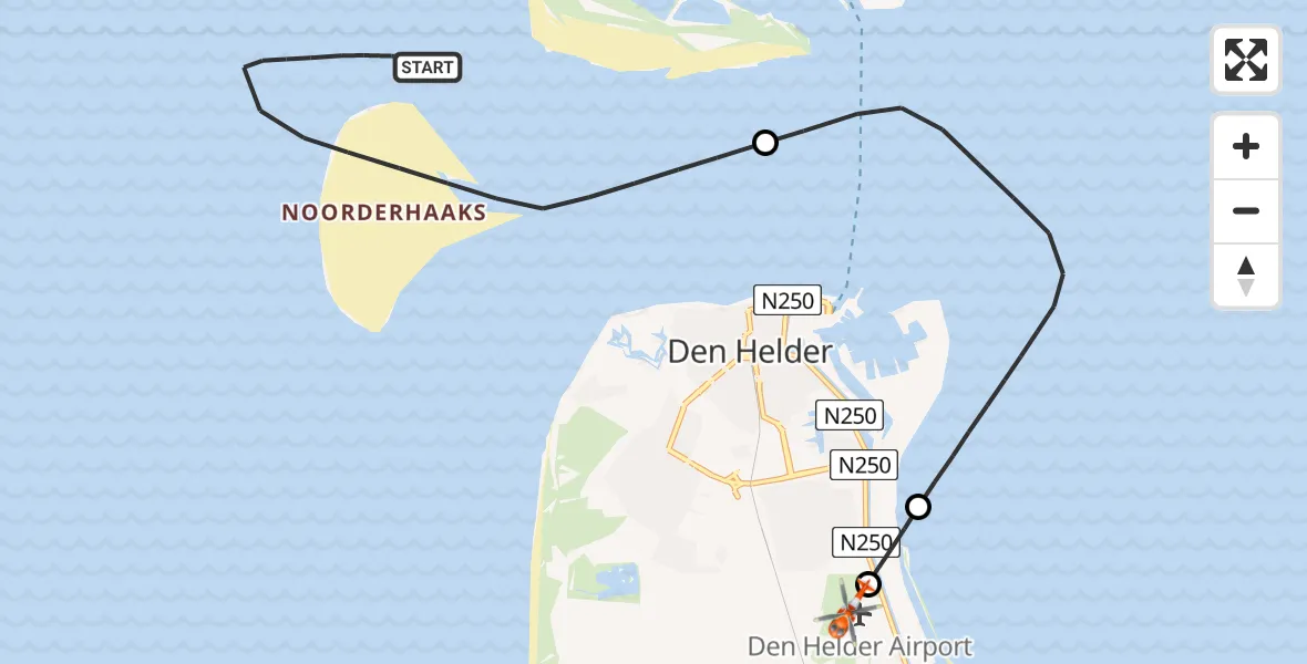 Vluchtroute Kustwachthelikopter van Noordzee naar Militair vliegveld De Kooy / Den Helder Airport