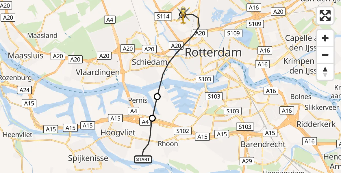 Vluchtroute Traumahelikopter van Poortugaal naar Rotterdam The Hague Airport