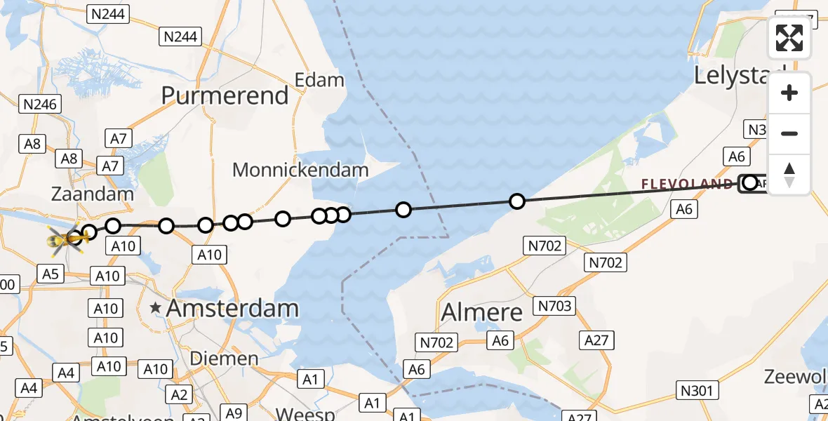 Vluchtroute Traumahelikopter van Lelystad Airport naar Amsterdam Heliport