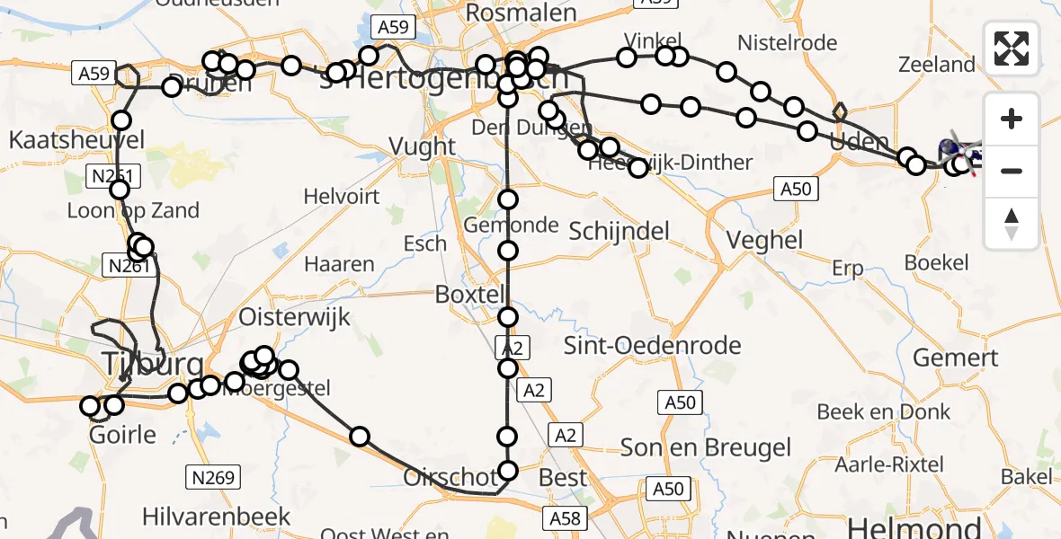 Vluchtroute Politiehelikopter van Vliegbasis Volkel naar Vliegbasis Volkel