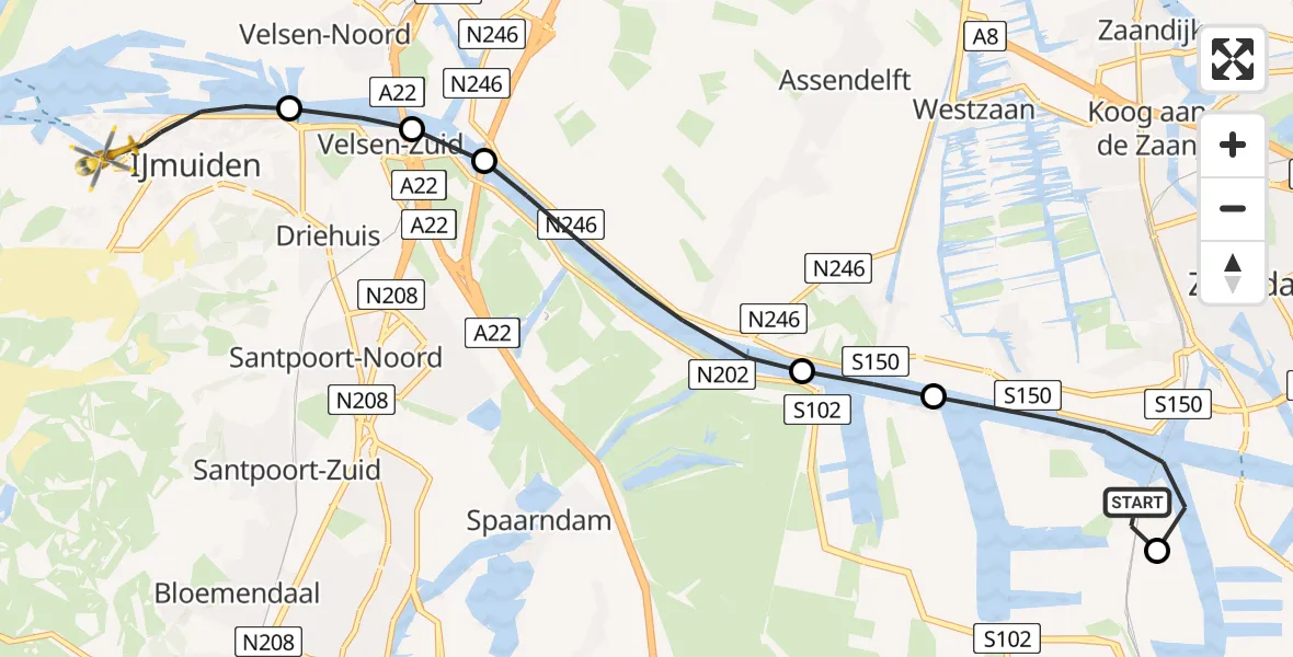 Vluchtroute Traumahelikopter van Amsterdam Heliport naar IJmuiden