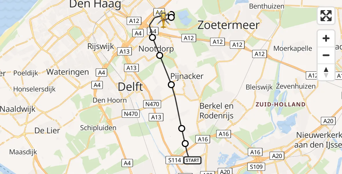 Vluchtroute Traumahelikopter van Rotterdam The Hague Airport naar 's-Gravenhage
