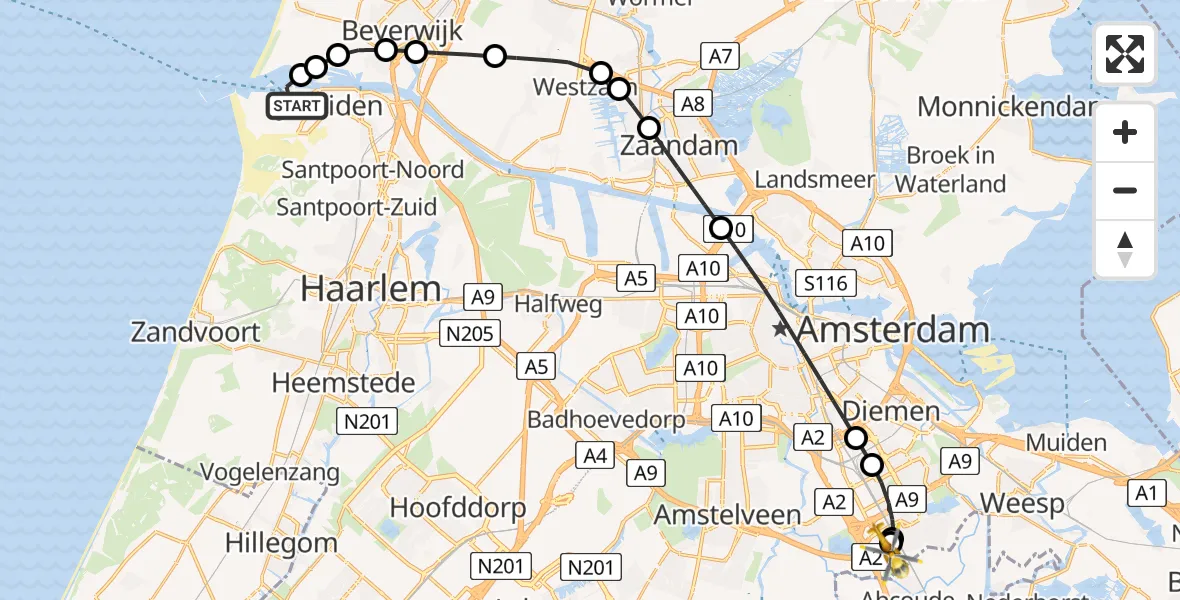 Vluchtroute Traumahelikopter van IJmuiden naar Amsterdam UMC Helipad