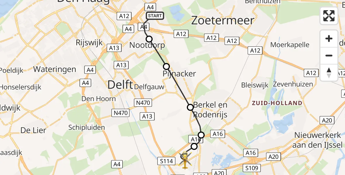 Vluchtroute Traumahelikopter van 's-Gravenhage naar Rotterdam The Hague Airport