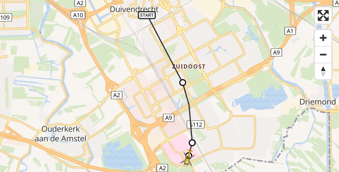 Vluchtroute Traumahelikopter van Duivendrecht naar Amsterdam UMC Helipad