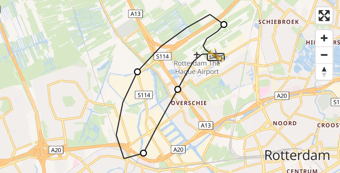 Vluchtroute Traumahelikopter van Rotterdam The Hague Airport naar Rotterdam The Hague Airport