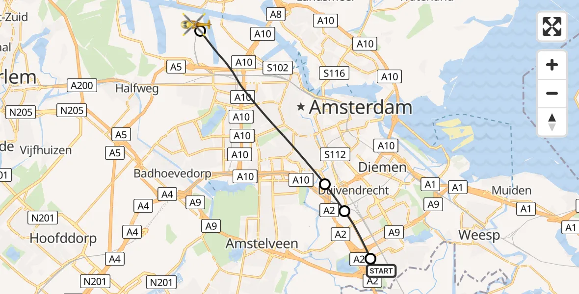 Vluchtroute Traumahelikopter van Amsterdam UMC Helipad naar Amsterdam Heliport