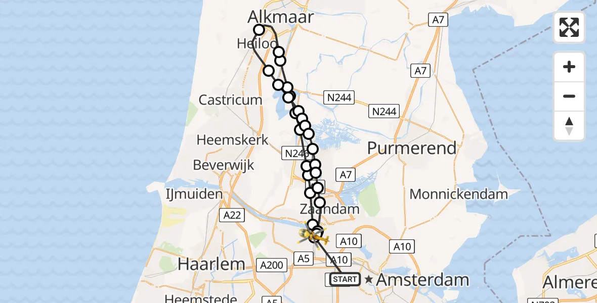 Vluchtroute Traumahelikopter van Amsterdam naar Amsterdam Heliport