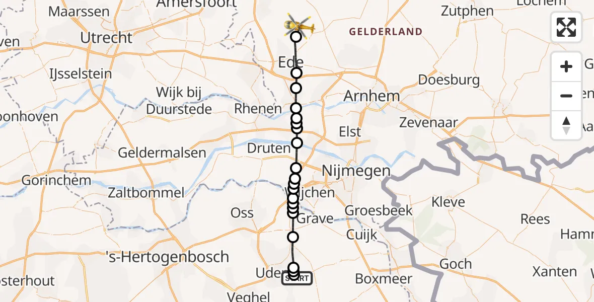 Vluchtroute Traumahelikopter van Vliegbasis Volkel naar Wekerom