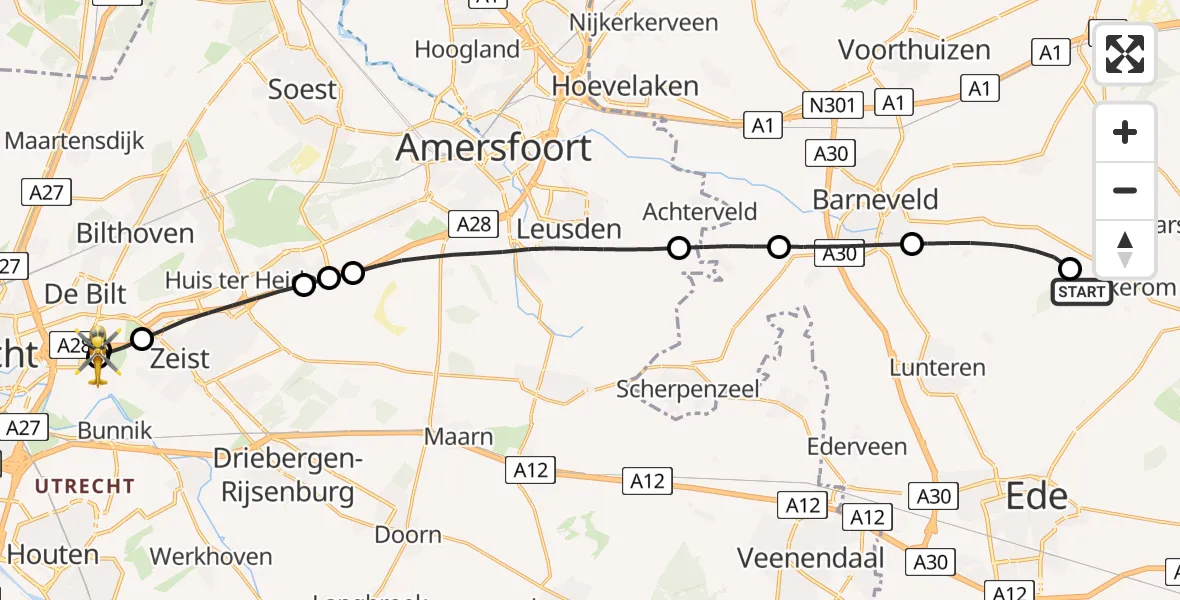 Vluchtroute Traumahelikopter van Wekerom naar University Medical Center Utrecht Heliport