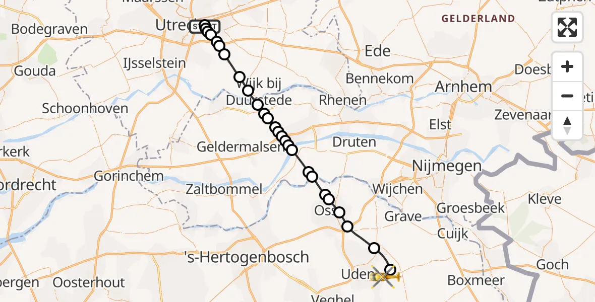 Vluchtroute Traumahelikopter van Universitair Medisch Centrum Utrecht naar Vliegbasis Volkel