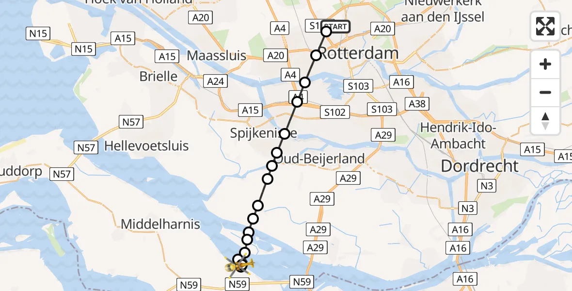 Vluchtroute Traumahelikopter van Rotterdam The Hague Airport naar Den Bommel