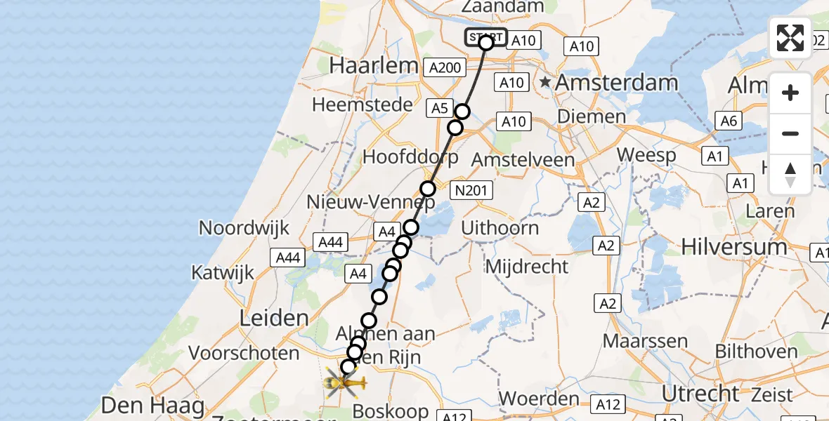 Vluchtroute Traumahelikopter van Amsterdam Heliport naar Hazerswoude-Dorp
