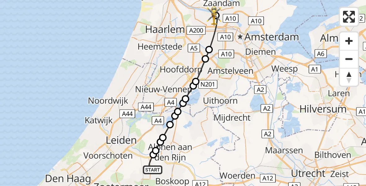 Vluchtroute Traumahelikopter van Hazerswoude-Dorp naar Amsterdam Heliport