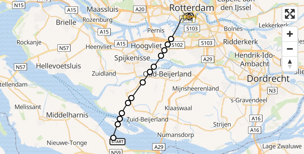 Vluchtroute Traumahelikopter van Den Bommel naar Leids Universitair Medisch Centrum (LUMC)