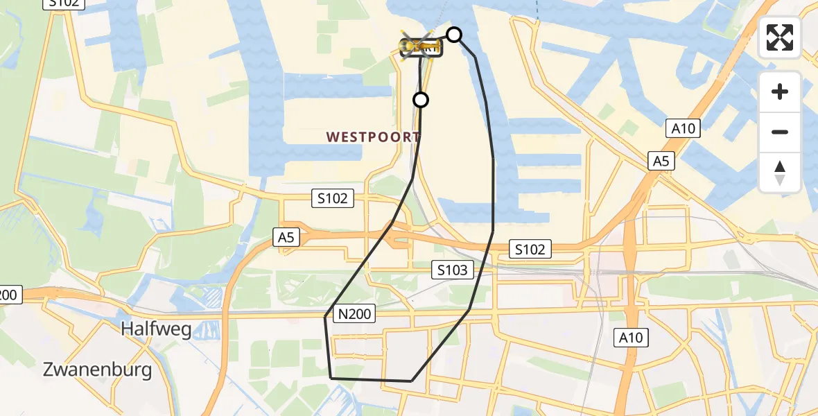 Vluchtroute Traumahelikopter van Amsterdam Heliport naar Amsterdam Heliport