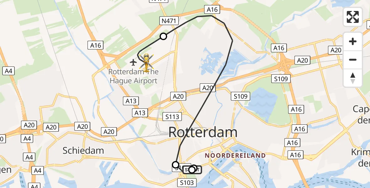 Vluchtroute Traumahelikopter van Leids Universitair Medisch Centrum (LUMC) naar Rotterdam The Hague Airport