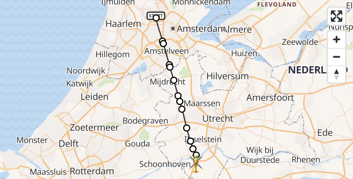 Vluchtroute Traumahelikopter van Amsterdam Heliport naar Lexmond