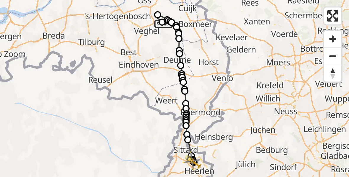 Vluchtroute Traumahelikopter van Vliegbasis Volkel naar Hoensbroek