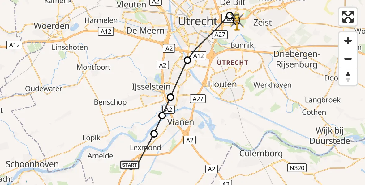 Vluchtroute Traumahelikopter van Lexmond naar University Medical Center Utrecht Heliport