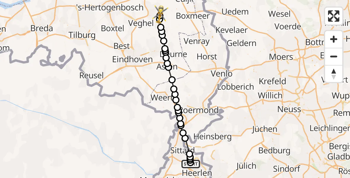 Vluchtroute Traumahelikopter van Hoensbroek naar Vliegbasis Volkel