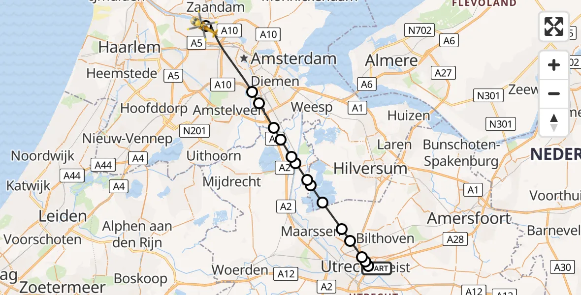 Vluchtroute Traumahelikopter van University Medical Center Utrecht Heliport naar Amsterdam Heliport
