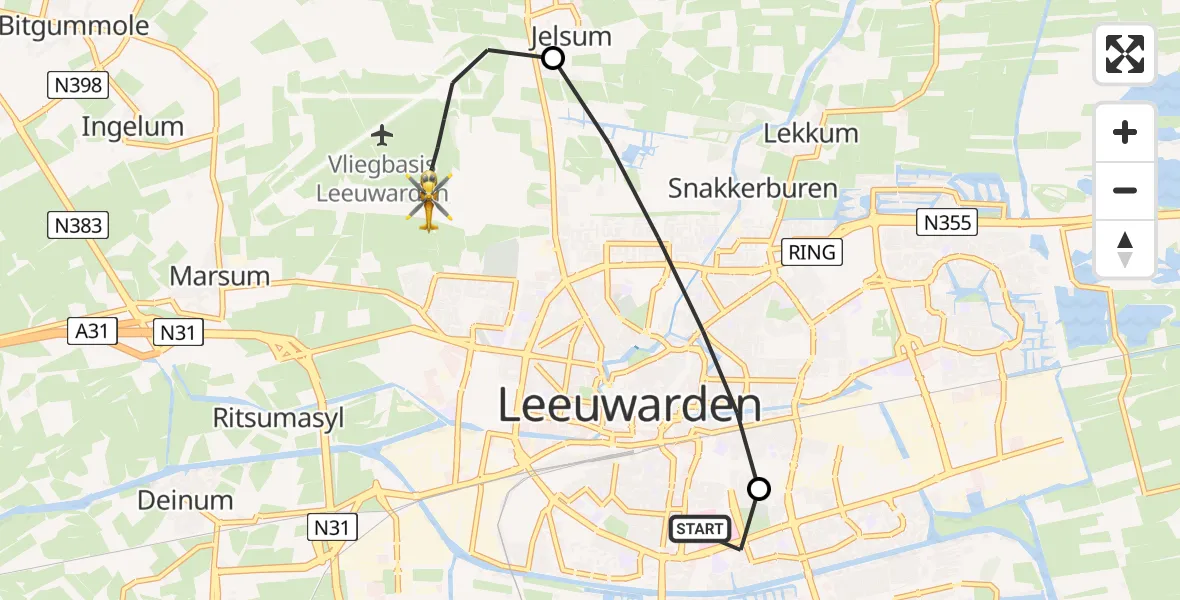 Vluchtroute Ambulancehelikopter van Leeuwarden Medical Center Heliport naar Vliegbasis Leeuwarden