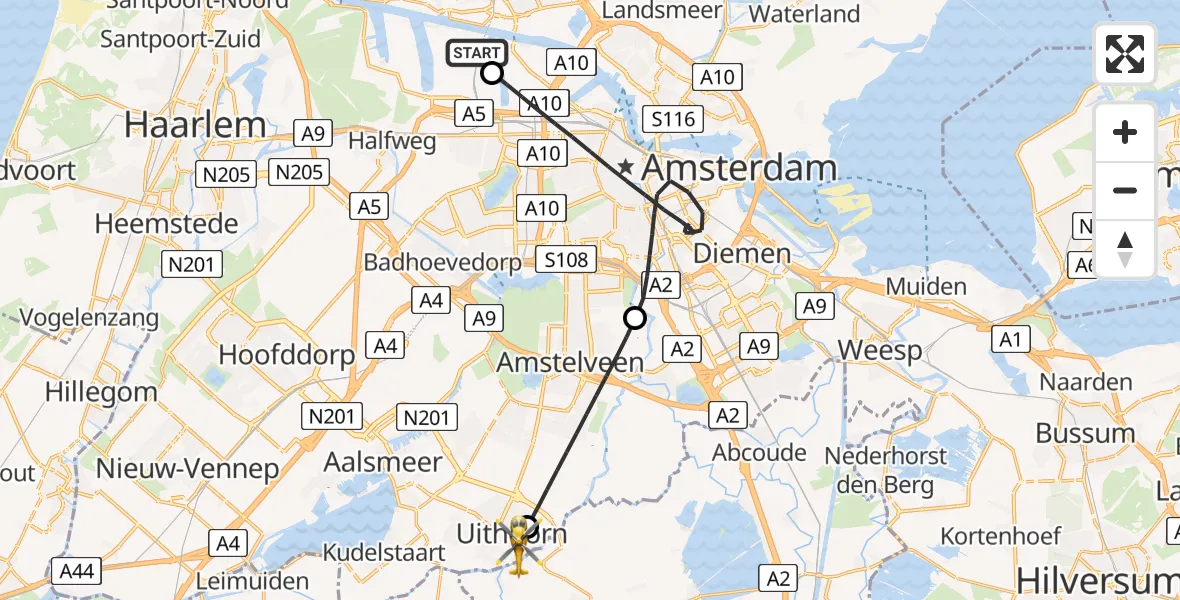 Vluchtroute Traumahelikopter van Amsterdam Heliport naar Uithoorn