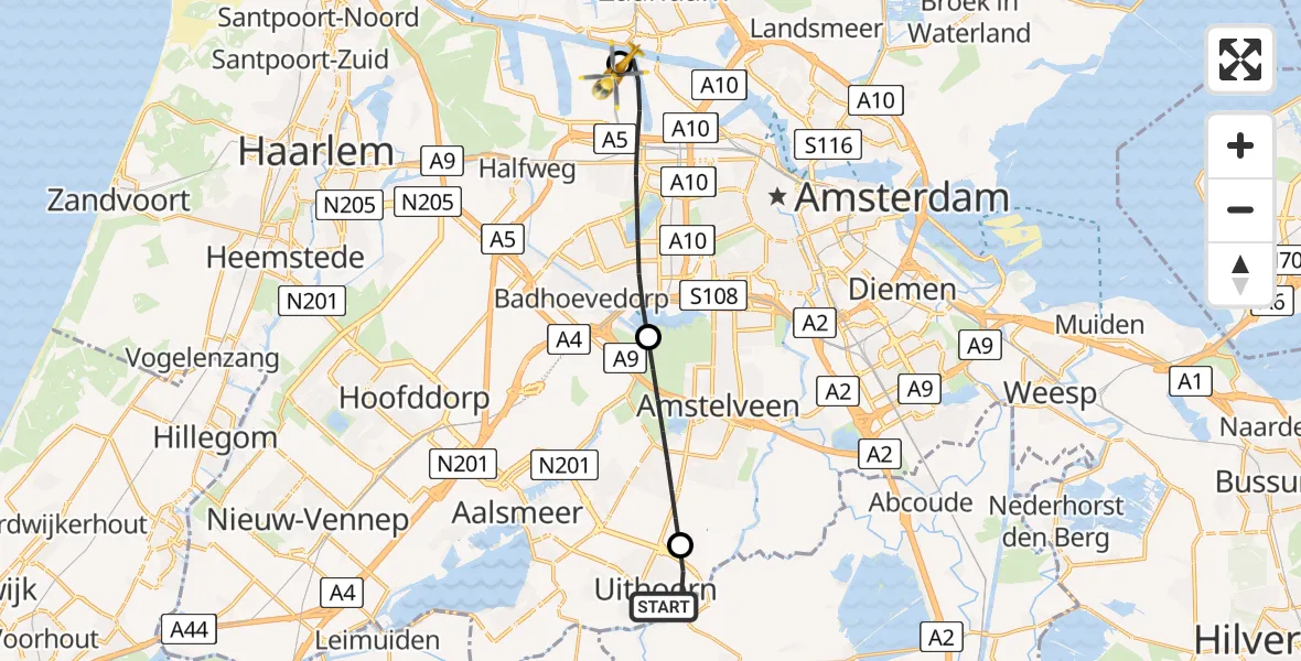 Vluchtroute Traumahelikopter van Uithoorn naar Amsterdam Heliport