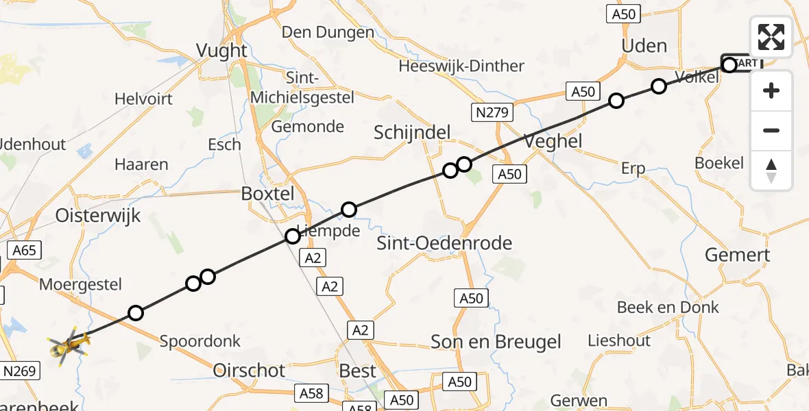 Vluchtroute Traumahelikopter van Vliegbasis Volkel naar Moergestel