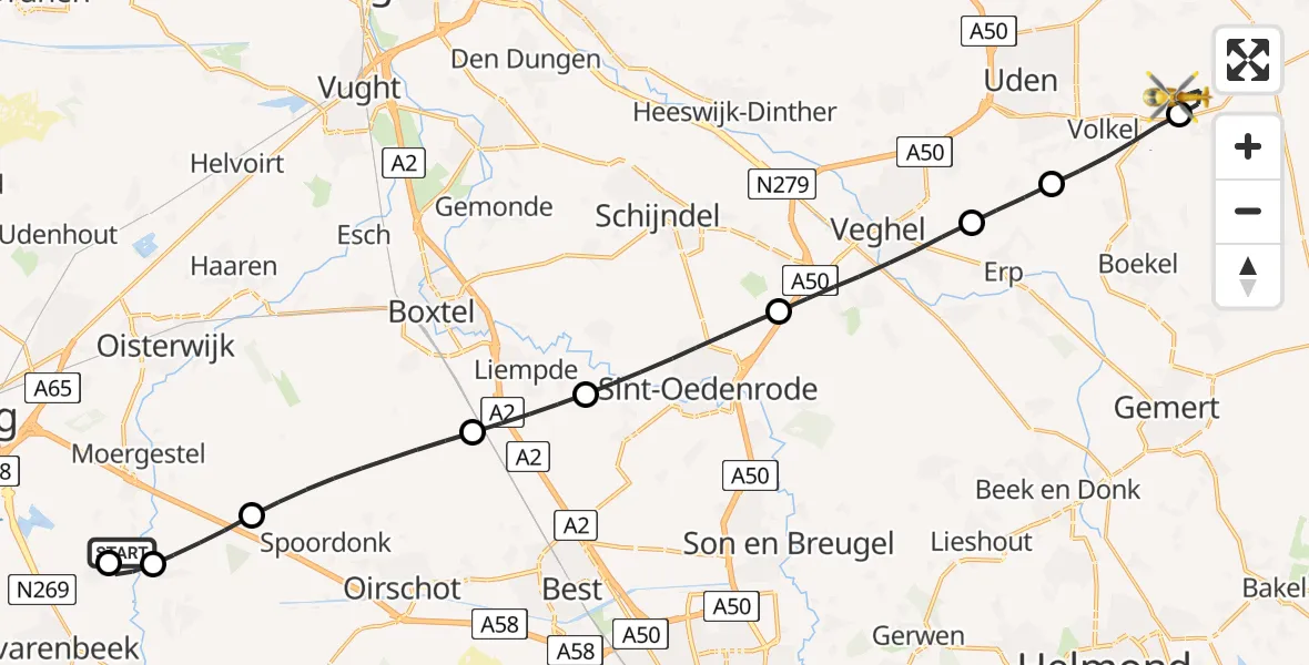Vluchtroute Traumahelikopter van Moergestel naar Vliegbasis Volkel