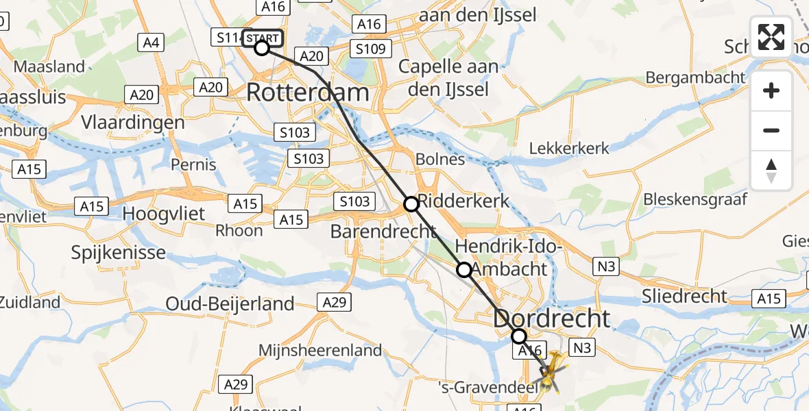Vluchtroute Traumahelikopter van Rotterdam The Hague Airport naar Dordrecht