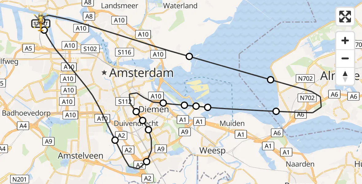 Vluchtroute Traumahelikopter van Amsterdam Heliport naar Amsterdam Heliport